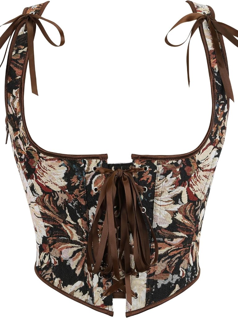 Renaissance Underbust Corset Tops For Women With Zipper, Vintage Medieval Floral